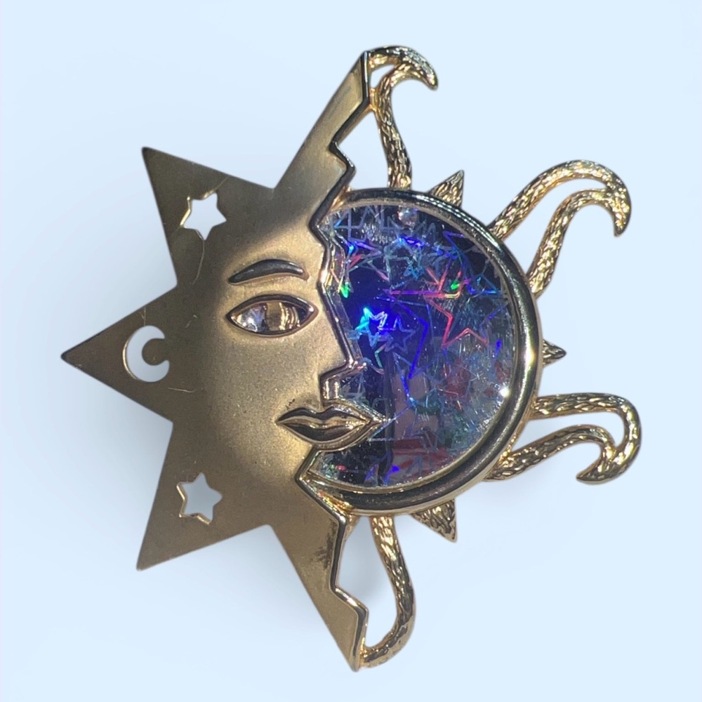 Signed JJ Celestial Sun Star Holographic Moon Gold Tone Brooch Vintage